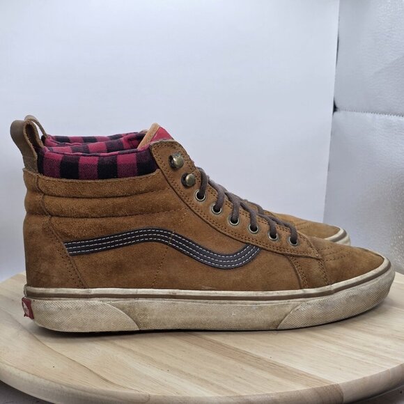 Vans SK8-Hi MTE Sneaker Boots Brown Suede Red Plaid Flannel Lined Size 10 Men - Picture 3 of 9
